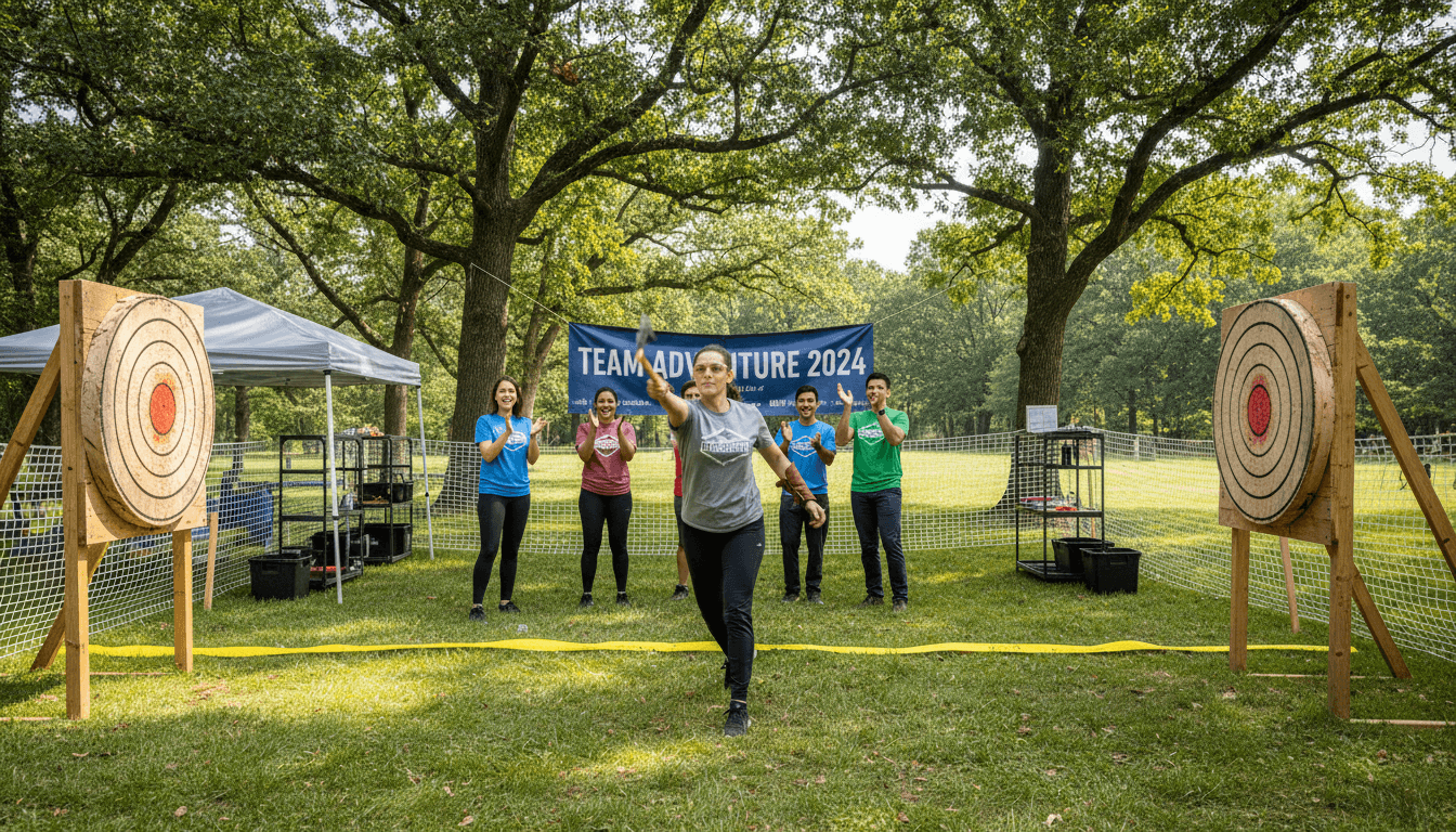 Competitive axe throwers in action at an event