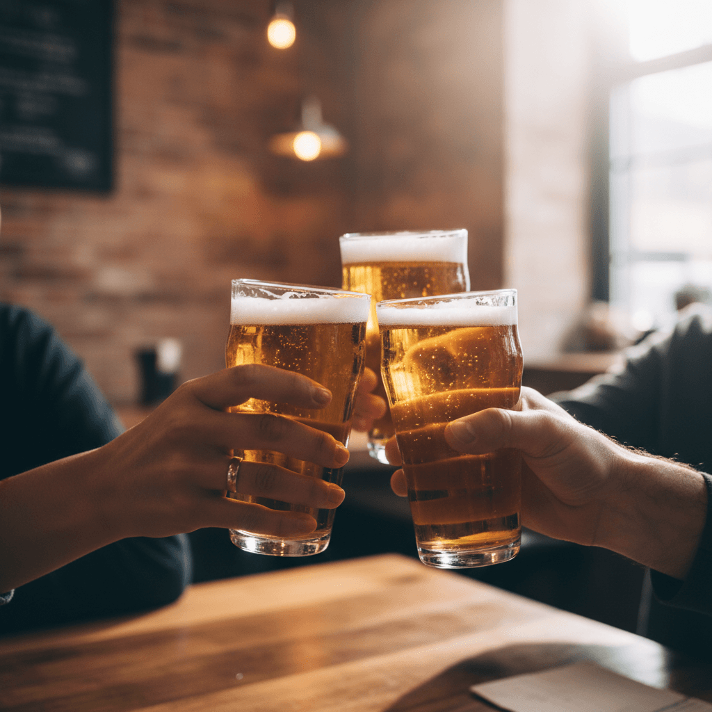 Three people toasting with beers at Wausau Axe & Social, celebrating together