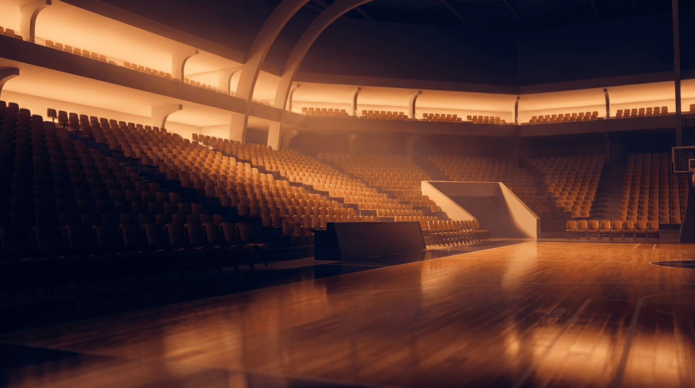 Moody, atmospheric aesthetic medium shot of the venue interior during an evening event