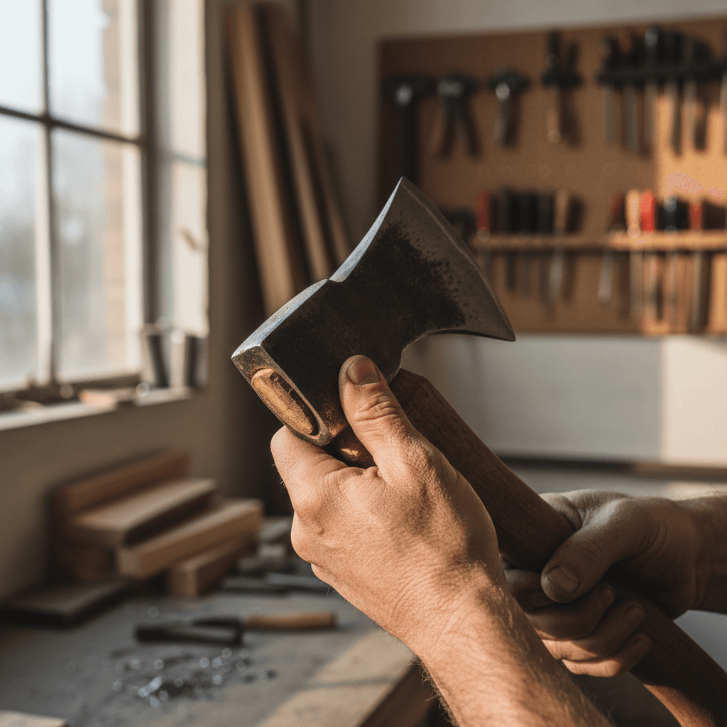 Close-up detail of proper axe throwing grip and technique