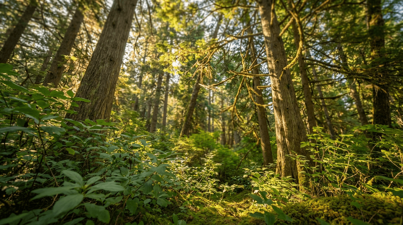 Mature trees with golden sunlight filtering through lush green canopy, emphasizing health and professional care.