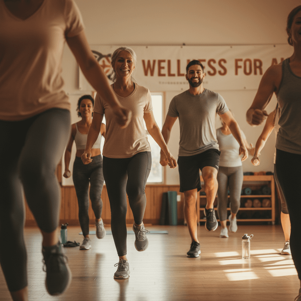 Energetic candid documentary aesthetic wide shot of a private event or group class in progress