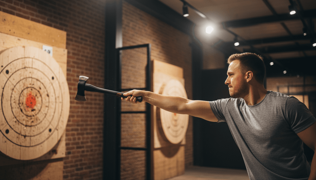 Group of people throwing axes at targets during an event at Wausau Axe & Social