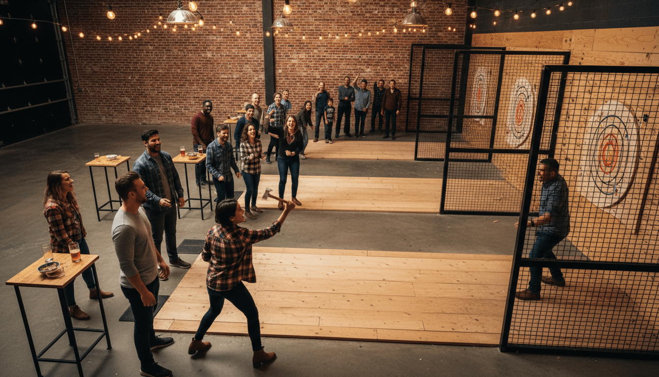 Corporate team event at Wausau Axe & Social with multiple groups throwing axes